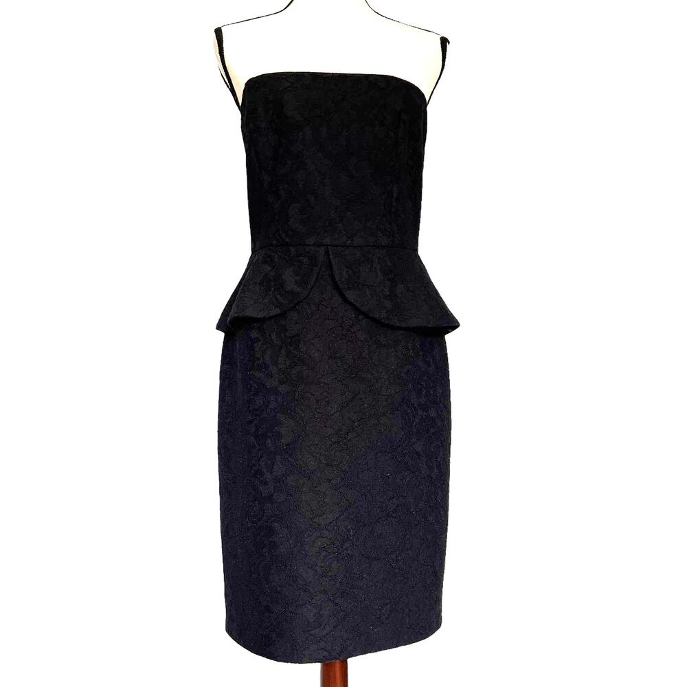 WHITE HOUSE BLACK MARKET Lace Strapless Dress Size 6 Black Peplum Midi Lined